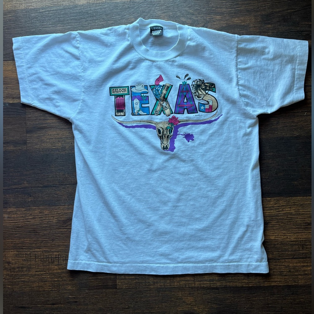 Men's Vintage Screen Stars T-Shirt White Texas L 90s Y2K Longhorn USA Single‎